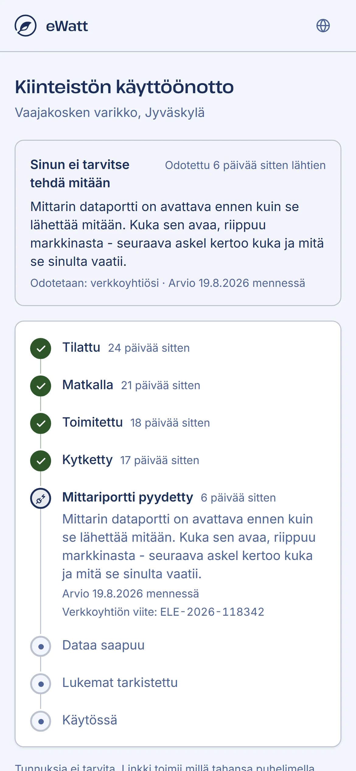 Käyttöönoton seuranta puhelimessa, avattuna linkistä ilman tunnuksia.